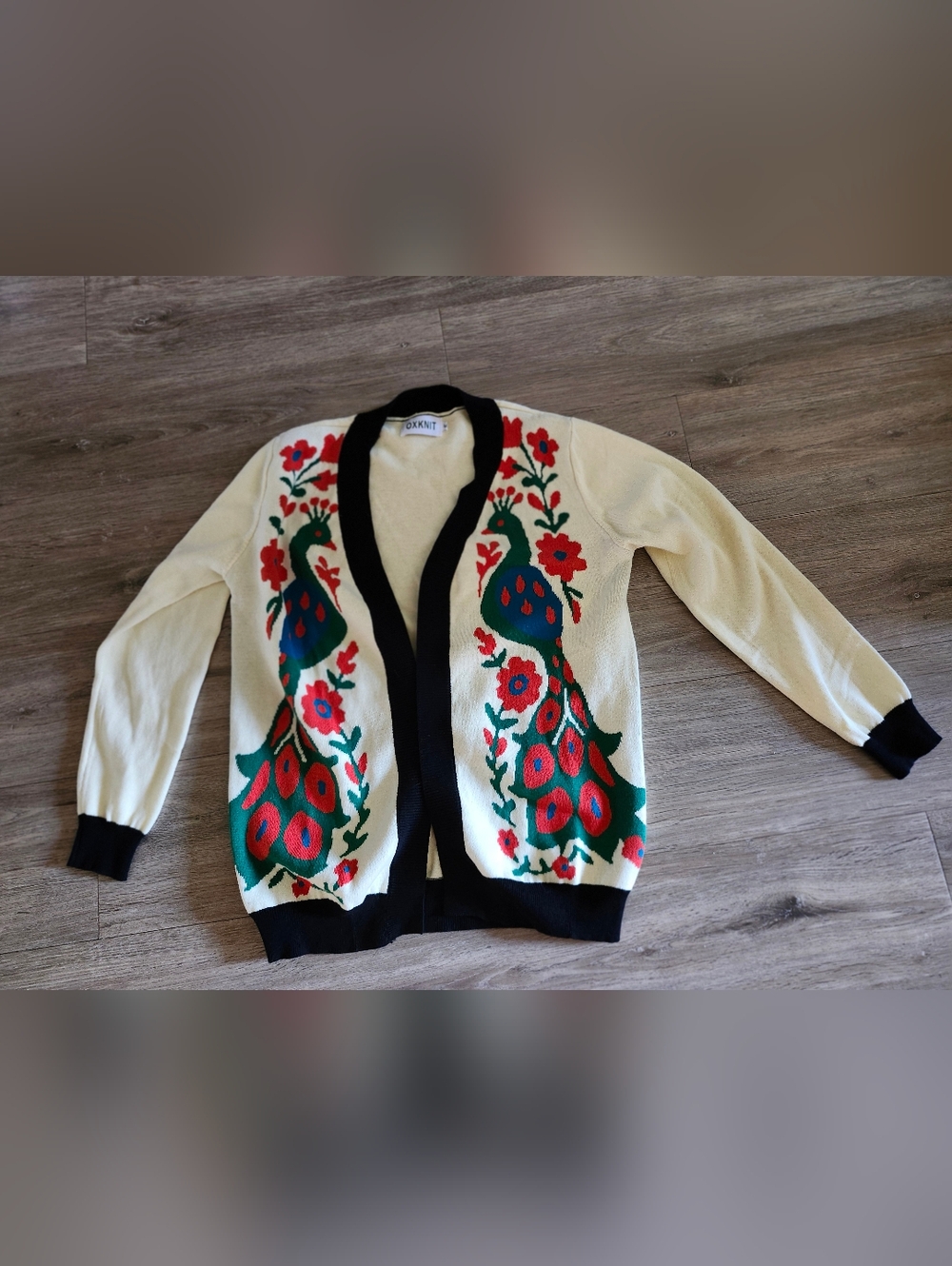 Cream Peacock-Embroidered Open-Front Cardigan with Black Trim